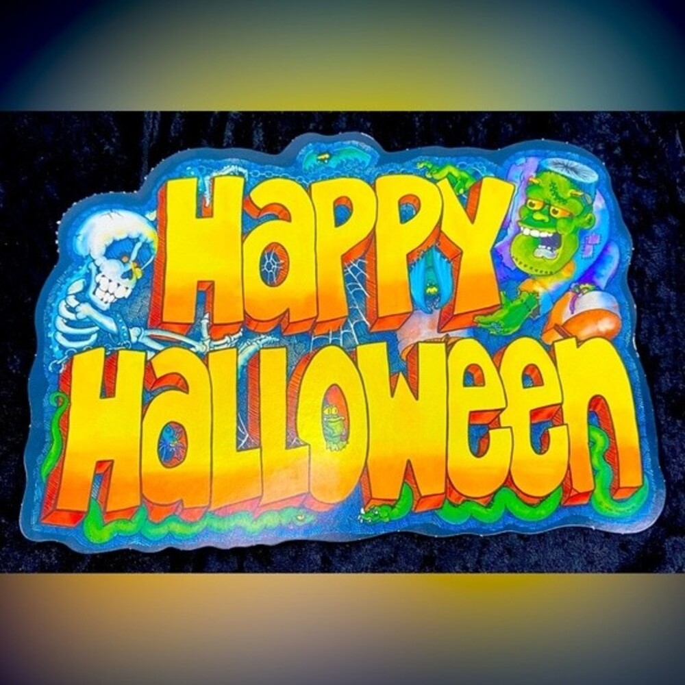 Vtg 80s Happy Halloween Decor Skeleton Bat Frankenstein Spider Web Snake Creepy